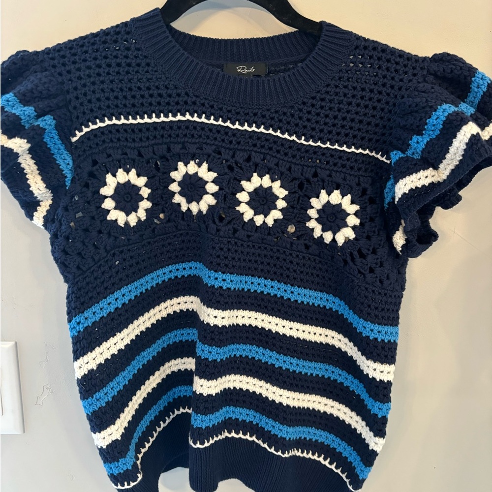 NWT Rails Penelope in Navy, White & Blue Crochet Short Sleeve Sweater